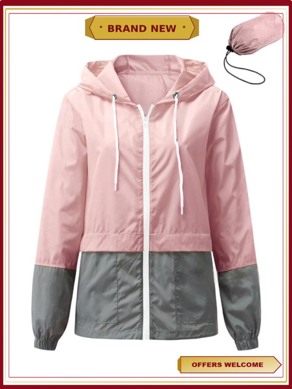 Women's Waterproof Raincoat Lightweight Hooded Color Block Jacket with Pockets